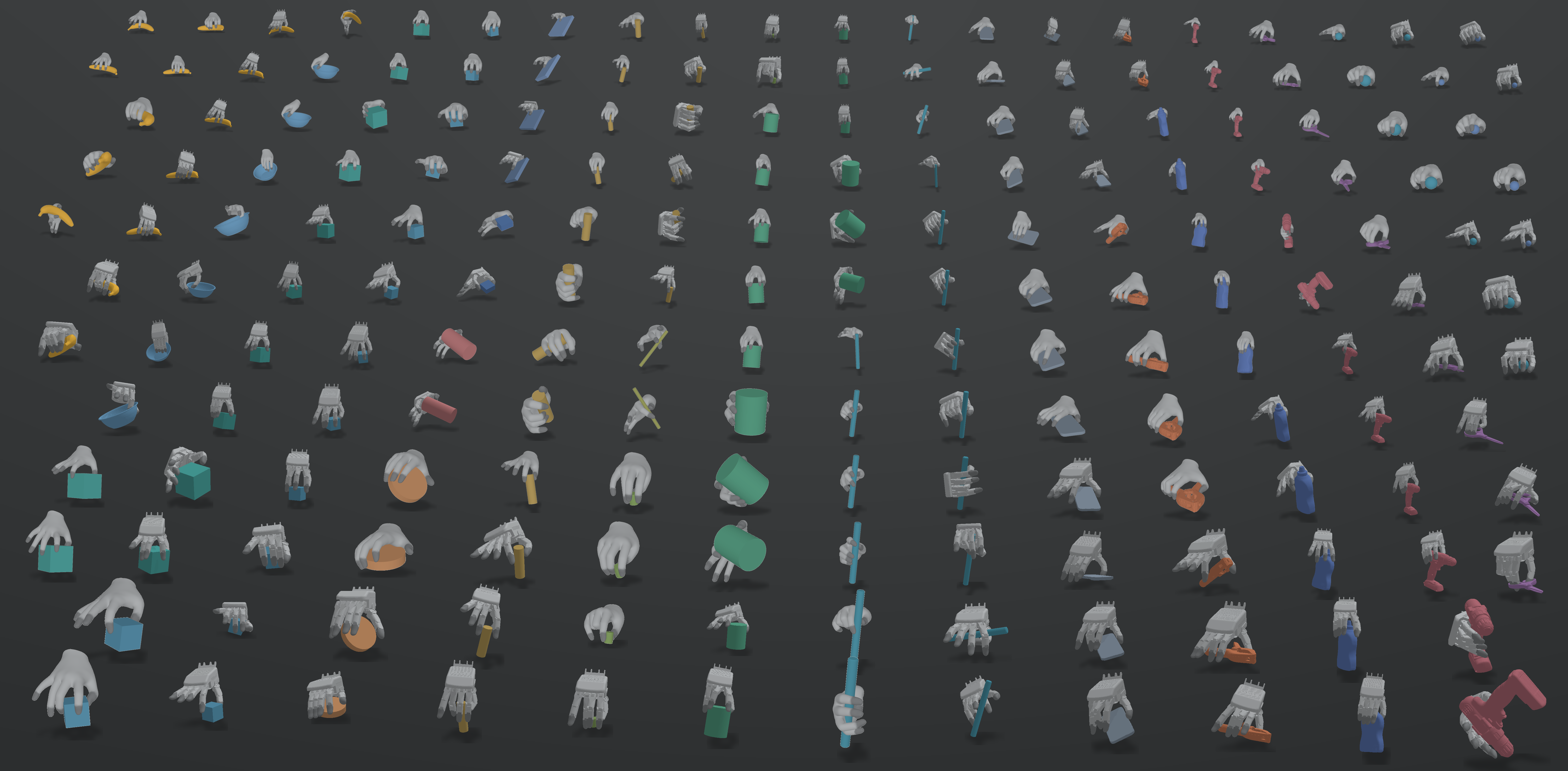Grid of simulated manipulation rollouts across objects and grasp types